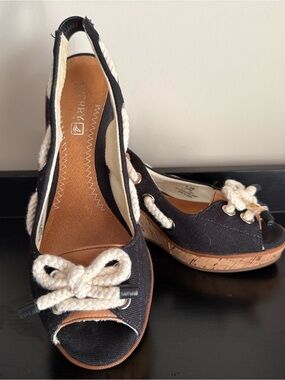 Sperry Southport Black Canvas Cork Wedge Sandals Rope Bow 6.5